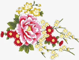 春天黄粉色古风花朵装饰免抠