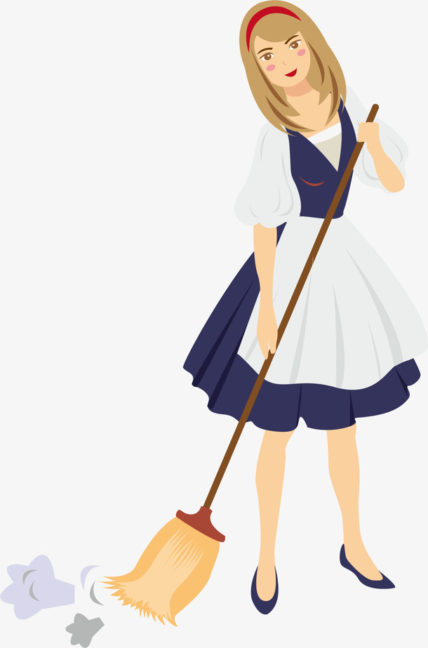 扫地女仆人物插画免抠