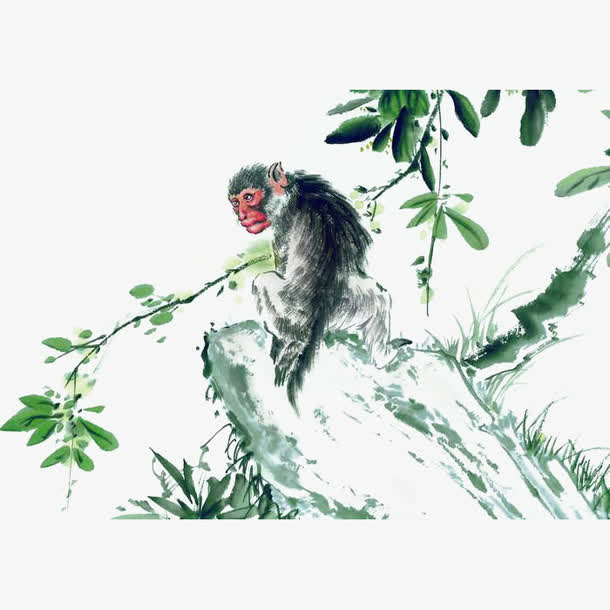 中国风水墨彩绘树枝和猴子免抠免抠