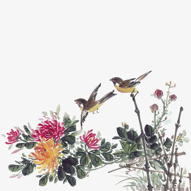 古风彩绘红花绿叶小鸟免抠
