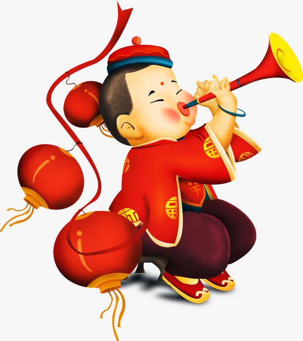 新年吹喇叭的小人免抠