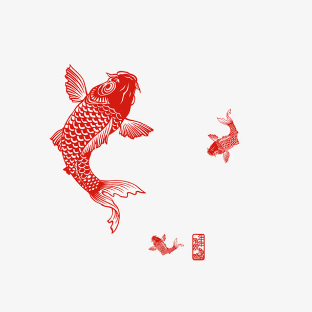 剪纸鱼红色免抠