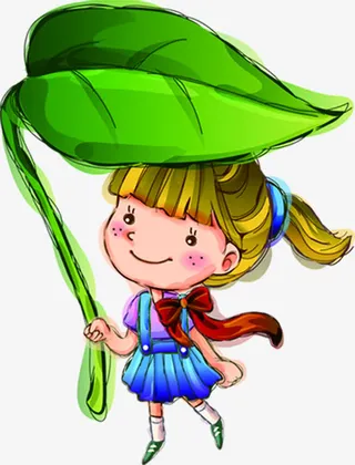 叶子下的女孩手绘人物免抠