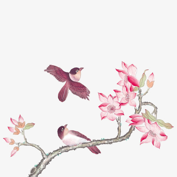 水彩桃花麻雀小鸟免抠
