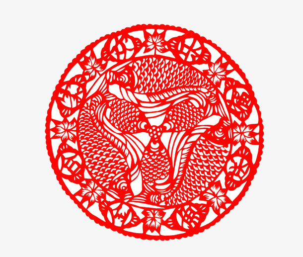 中国风红色鱼窗花剪纸免抠
