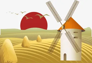 唯美落日风车麦田免抠