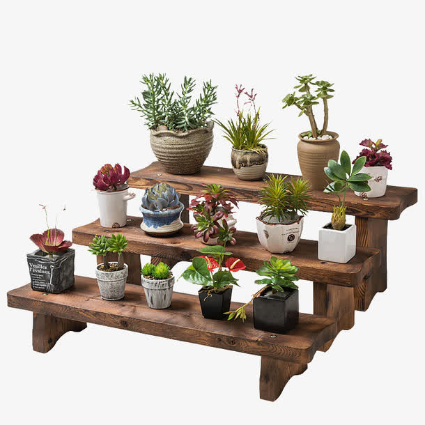 阶梯实木花架免抠