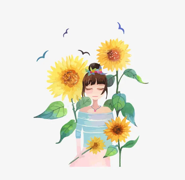 手绘风太阳花下的少女免抠