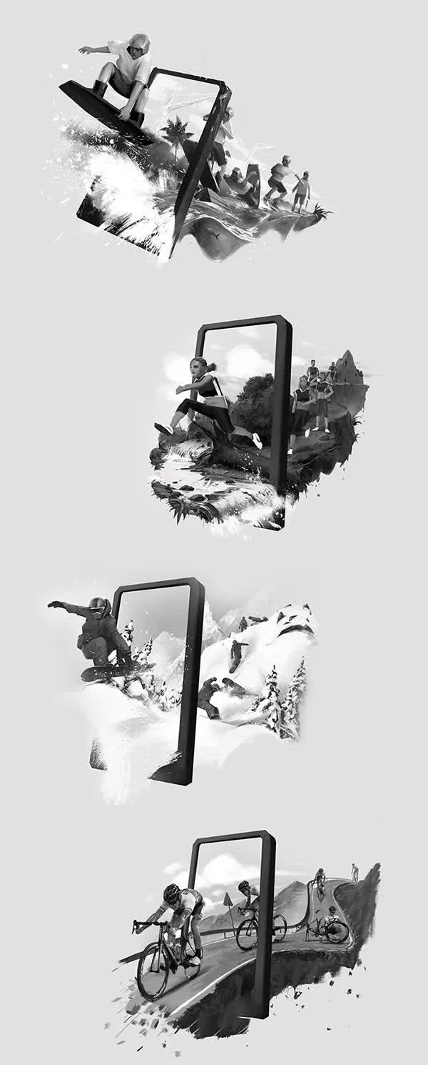 黑白色冲浪的人群免抠