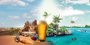 蓝天创意广告风景沙漠海滩啤酒背景素材高清