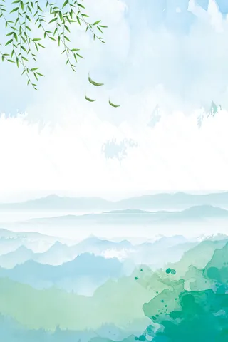 浅蓝色手绘小清新唯美春季踏青远山背景高清