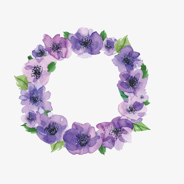 紫色手绘花朵花环婚礼装饰免抠