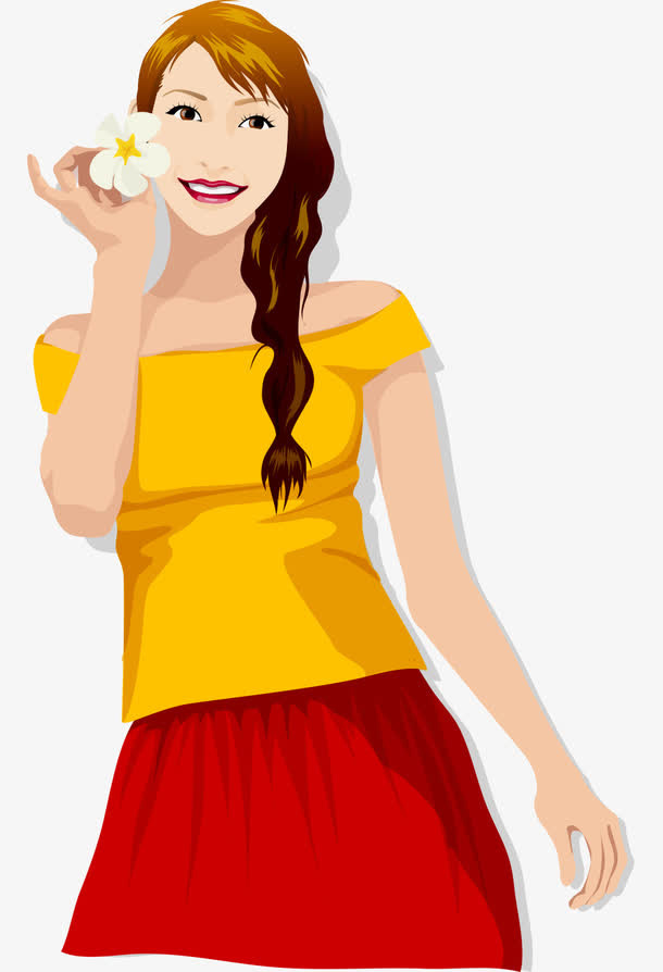 卡通手绘拿花长发美女免抠