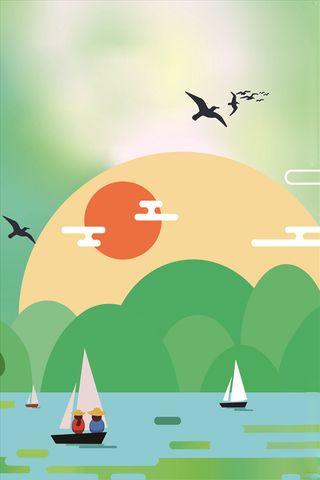 游船旭日青山背景素材高清