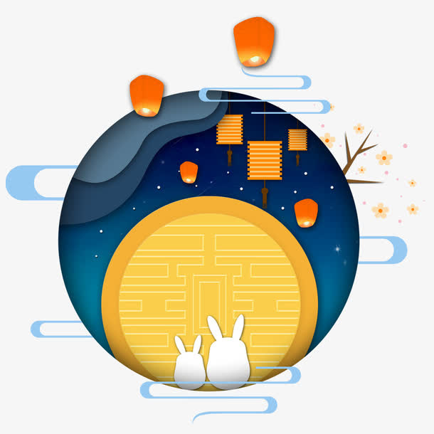 手绘可爱白兔造型圆月免抠
