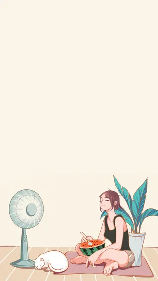 大暑女孩吃西瓜吹风扇免抠