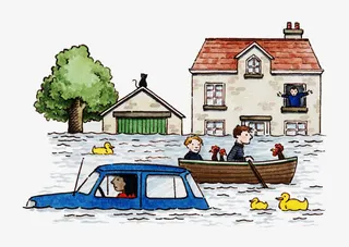 手绘插图洪灾城市淹没免抠