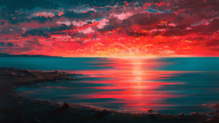 海面，夕阳，阳光，手绘，红彤彤高清