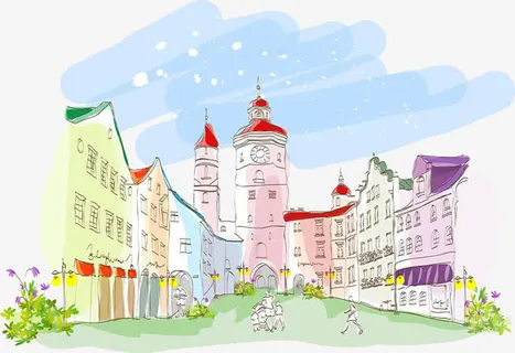 西班牙建筑水彩画免抠