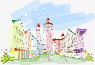 西班牙建筑水彩画免抠