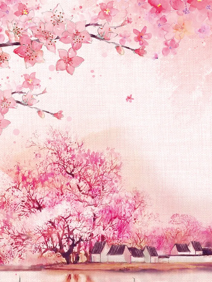 手绘风景桃花花朵漂浮花瓣背景素材高清