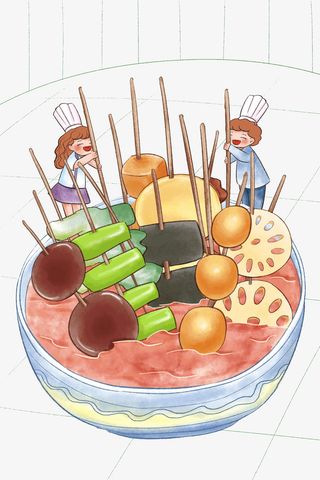 手绘美食串串麻辣烫聚餐插画免抠