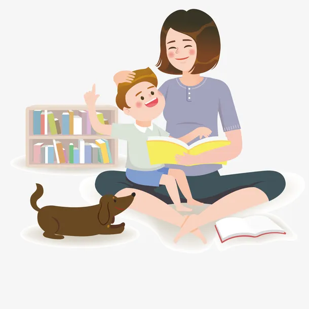 看书母子亲子插画免抠手绘/卡通卡通元素