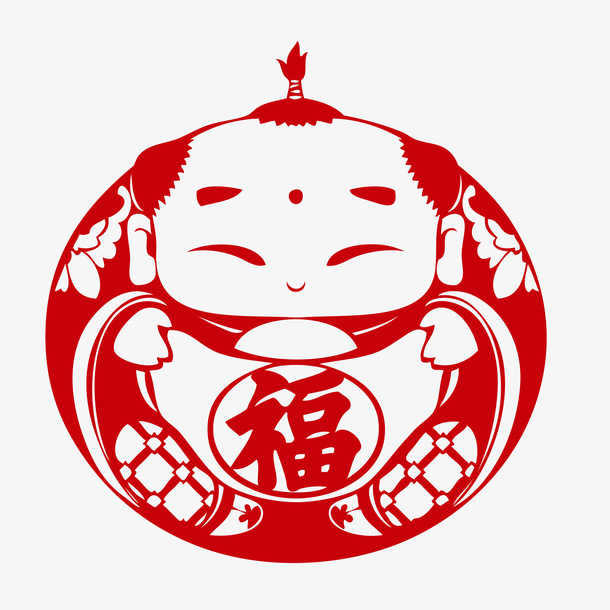 卡通手绘剪纸娃娃福字免抠
