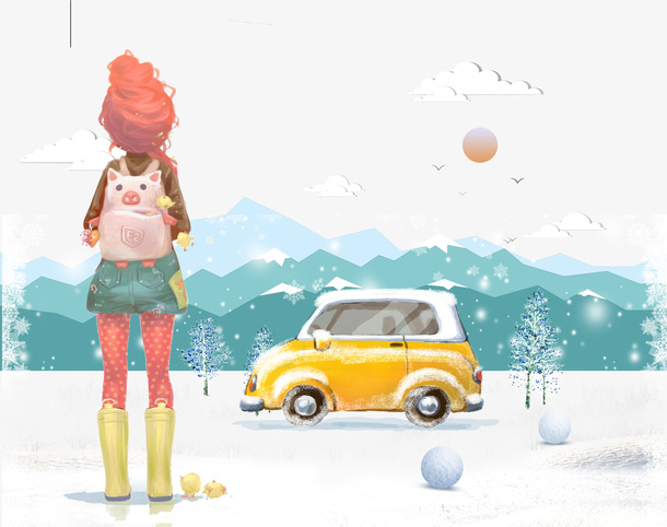 水彩冬季雪地女孩免抠