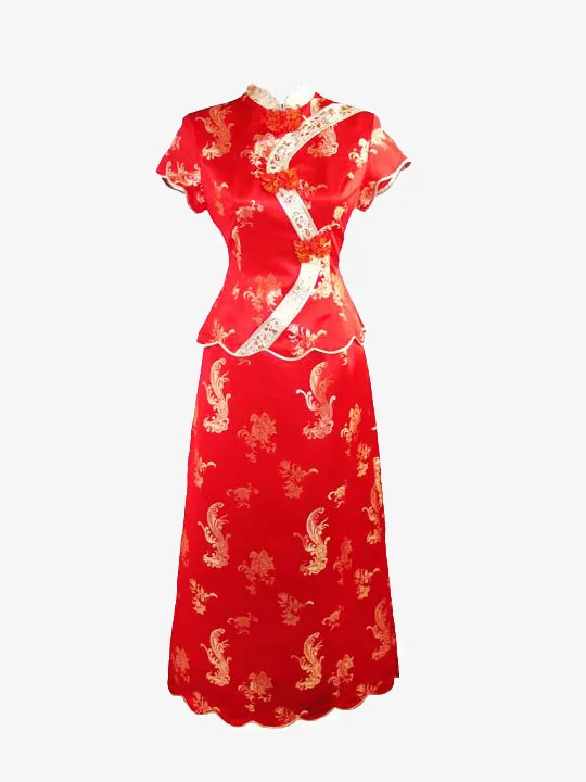 红色手绘新娘旗袍免抠