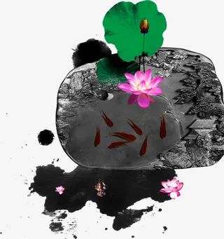 水墨荷花 鱼 池塘免抠