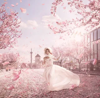 梦幻粉色花瓣婚纱免抠