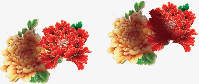 黄红色手绘中国风花朵免抠