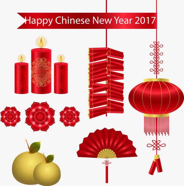 矢量2017红色灯笼与炮竹免抠