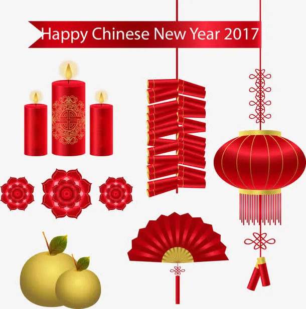 矢量2017红色灯笼与炮竹免抠