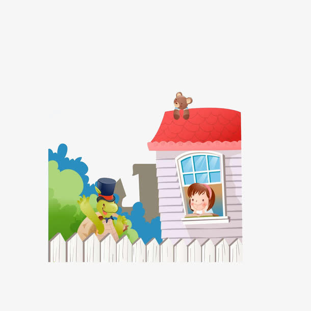 卡通站在窗户边跟乌龟打招呼的女免抠