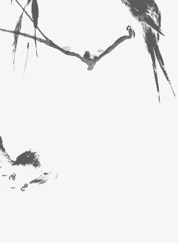水墨画树枝上的鸟中秋免抠