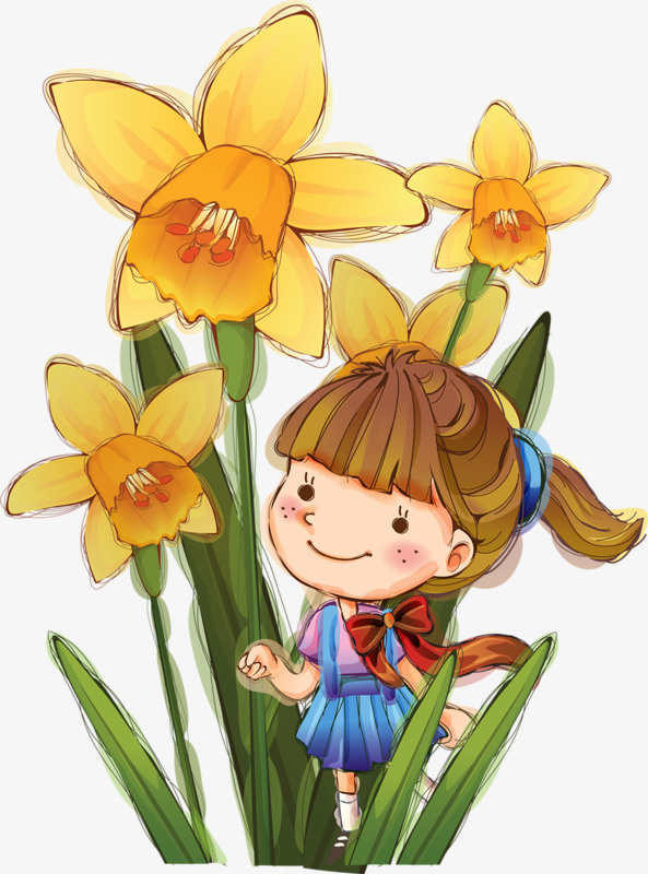 卡通鲜花与小女孩免抠