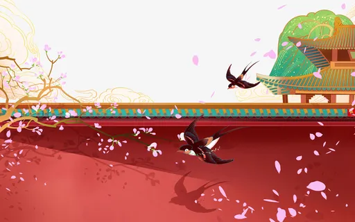 手绘国潮亭台围墙植物元素免抠