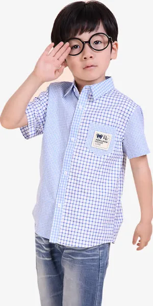 蓝色夏日格子童装衬衫免抠