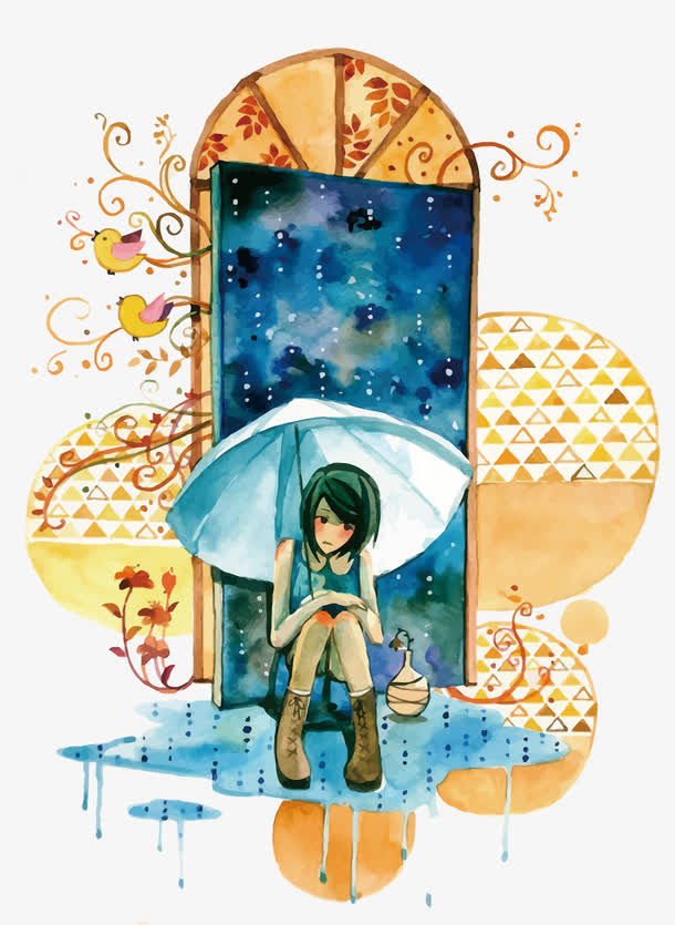 矢量撑伞坐门边的少女免抠