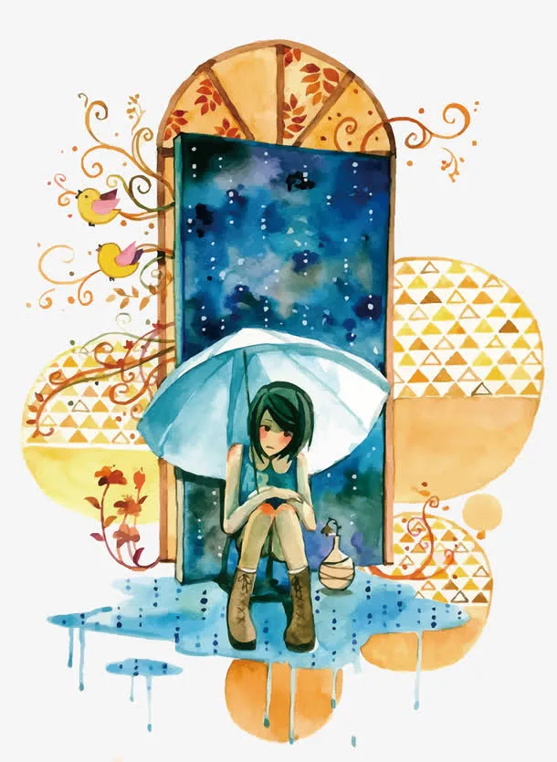 矢量撑伞坐门边的少女免抠