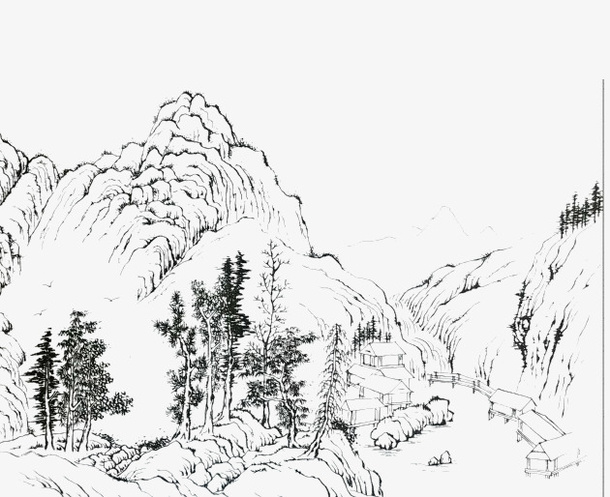 黑色线条山水画免抠