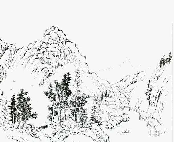 黑色线条山水画免抠
