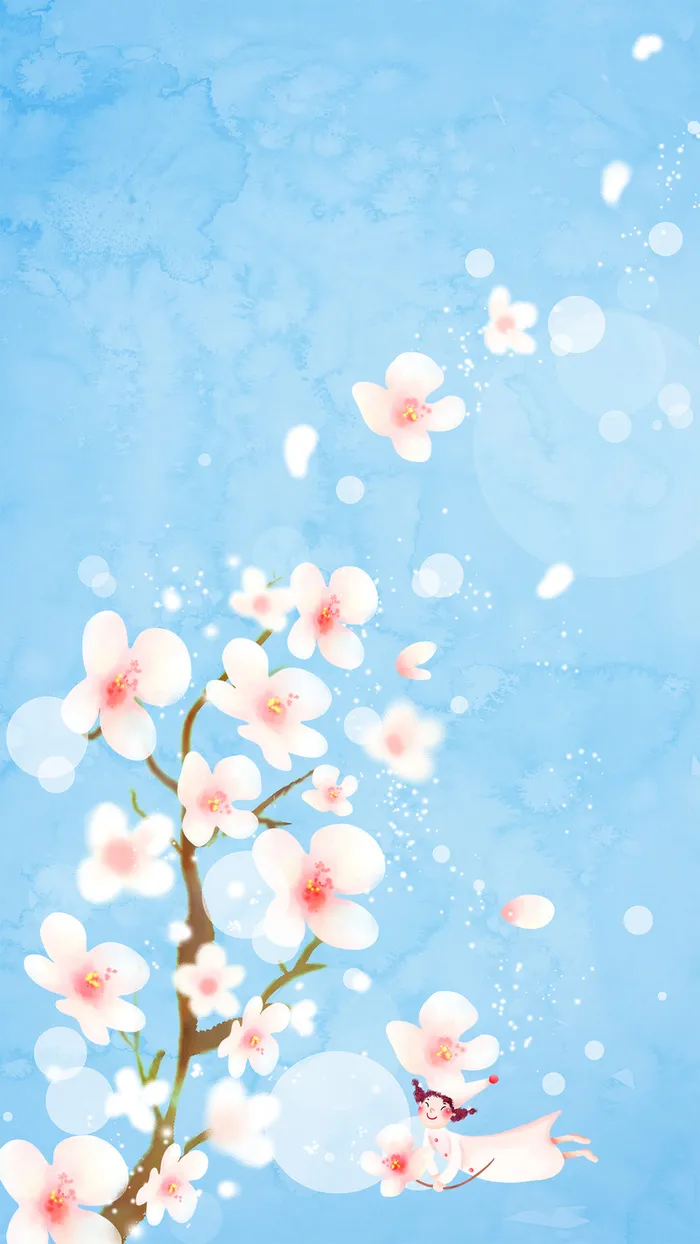 清新春天插画风蓝色背景素材高清