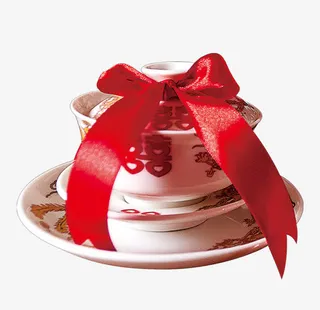 喜庆蝴蝶结茶碗免抠