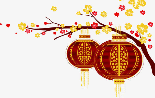 手绘红色梅花灯笼免抠