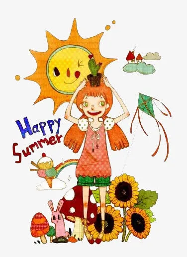 手绘绘画你好夏天插画免抠