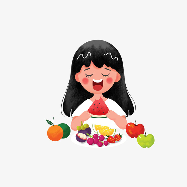 卡通吃水果的女孩素材免抠