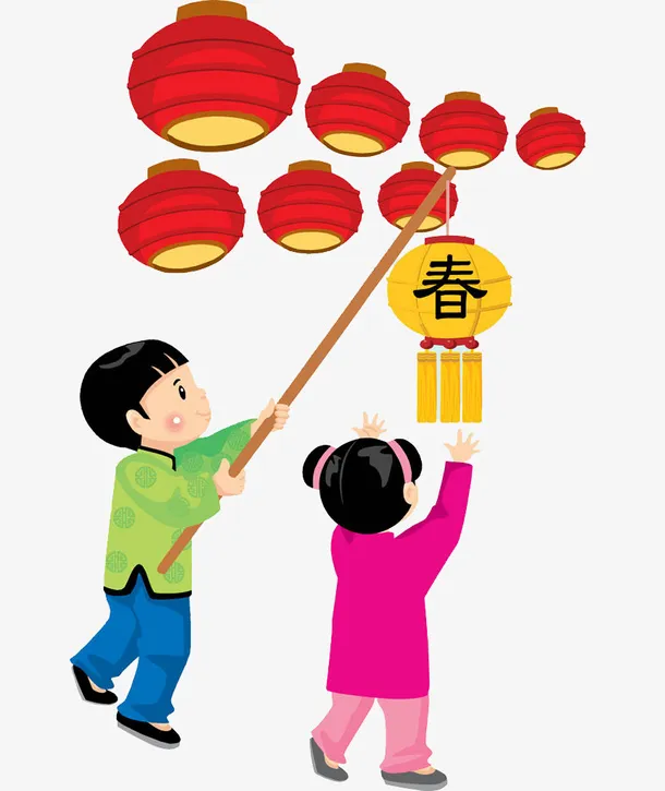 挂红灯笼的男孩女孩免抠